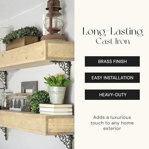 NACH Decorative Shelf Brackets, 2 Pack of 12 x 2 x 12 inch, Cast Iron, Brass Finish Shelf Support Bracket - Metal Shelf 