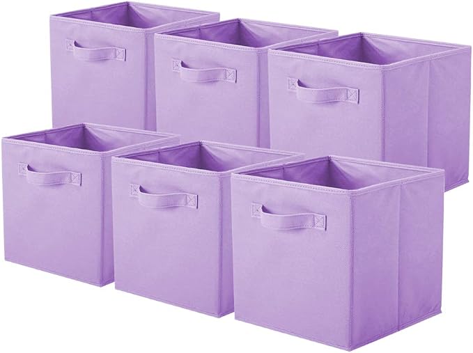PowerKing Collapsible Storage Cubes with Handles, Fabric Foldable Bins for Closet Shelves, Durable Organization Storage Bins, 10.5'' x 11'' x 10.5'', 6 Pack, Purple