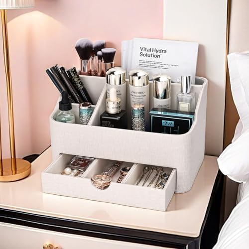 KINGFOM Leather Makeup Organizer with Drawer, Cosmetic Storage for Dresser Countertop and Bathroom Vanity, Beauty Holder