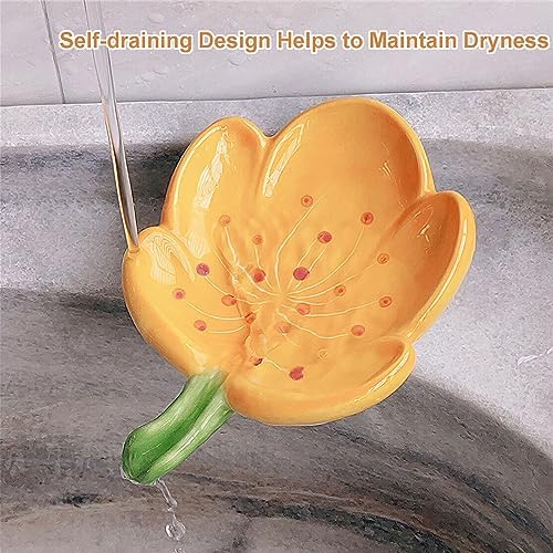 Self-Draining Soap Dish Flower Shaped Cute Shower Soap Container for Kitchen, Bathroom, Bedroom, Tulip, Orange