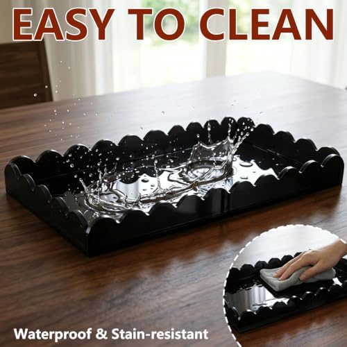 Black Scalloped Acrylic Tray 5mm Thicken for Vanity Makeup,Perfume,Soap Dispenser, Napkin,12x6 Decorative Serving Tray f