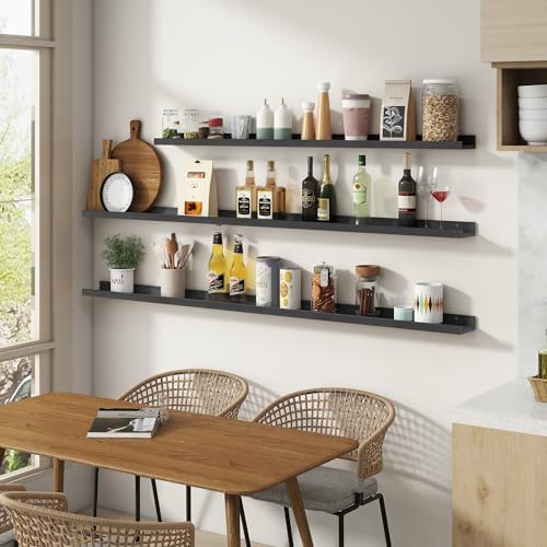 FLYJOE Picture Ledge Shelf, Floating Shelves Set of 2, Solid Ash Wood 72'' Long Large Nursery Book Shelves for Toys Storage, Kids Bookshelf for Living Room Bedroom Decor Books Photo Frames, Black