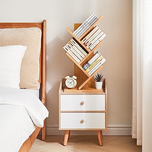 YMYNY 4 Tier Tree Bookshelf, Small Bookcase, Modern Wood Book Storage Rack, Freestanding Book Shelf for Books/Movies/CDs