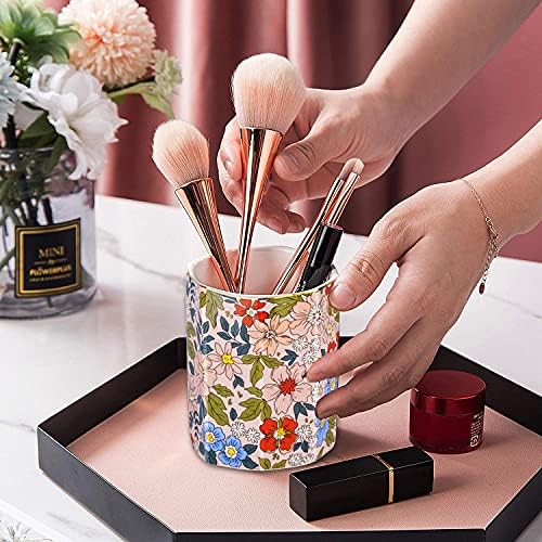 Jwest Pen Holder, Makeup Brush Holder Ceramic Shiny Gold Vintage Floral Flowers Pattern Pencil Cup for Girls Kids Women Durable Stand Desk Organizer Storage Gift for Office, Classroom, Home Pink