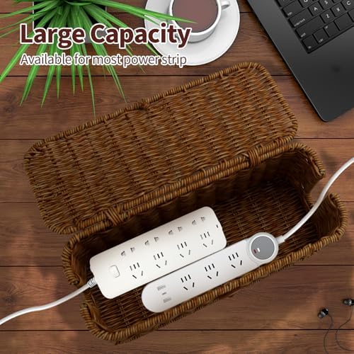 Cable Management Box, Desk Handwoven Rattan Cord Hider Cable Organizer Box With Lid Button Lock, Power Strip Cover Wicke