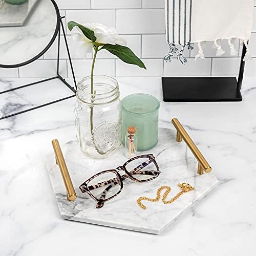 White Marble Hexagon Tray with Gold Handles for Vanity & Bathroom