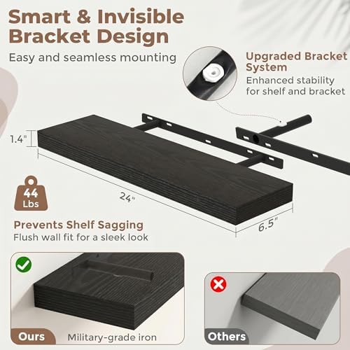 24 Inch Floating Shelves for Wall, 6.5"D Wood Storage Shelves, Black Finish