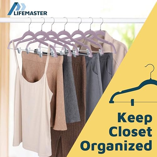 Lifemaster Velvet Skirt Hangers – with Adjustable Clips, 360 Degree Swivel Hook, and Non-Slip Shoulder Notch, Holds Up to 10 lbs, for Organizing Skirt, Pants, Dress, and Clothes, Pack of 30, Purple