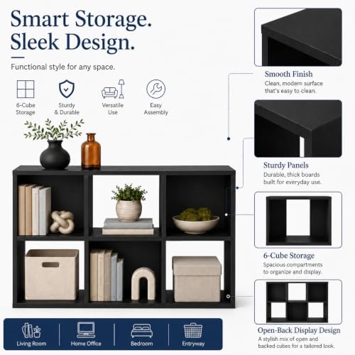 IULULU 6-Cube Storage Organizer Shelf, Freestanding Bookcase - Black