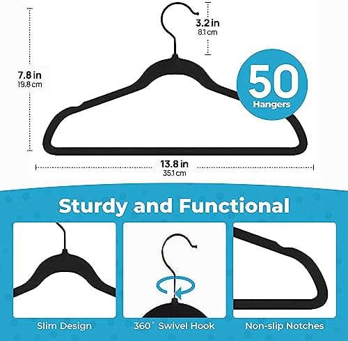 Fontaines Luxury Kid's Black Velvet Felt Non Slip Clothes Hangers 50 Pack - Ultra Slim & Space Saving - Heavy Duty Swivel Black Hook for Children's Clothing, Shirt, Dress, Skirt & Pants Organization