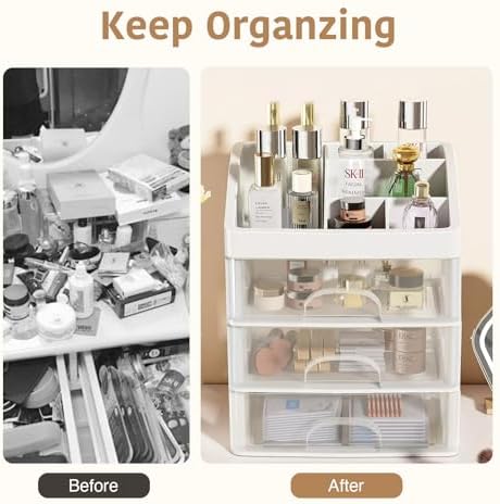 Makeup Organizer - Cosmetic Storage with 3 Drawers & Top Compartments - Durable PET ABS - White