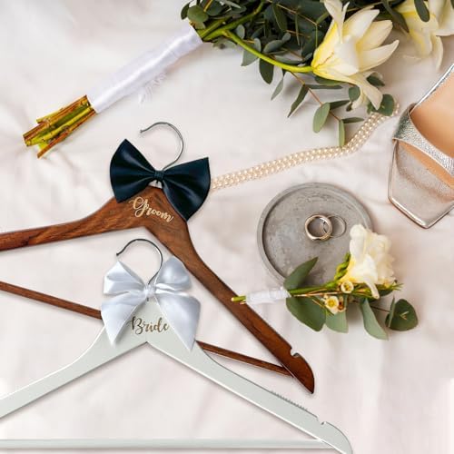 Groom Bride Hanger for Wedding Dress or Suit - 2 Pack Wedding Hangers Gifts Accessories - Bridal Hanger with Bow Tie & E