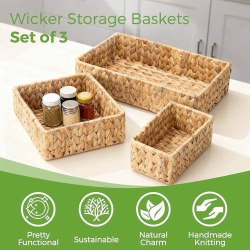 Wicker Storage Baskets Set of 3, Large and Small Wicker Pantry Baskets Set