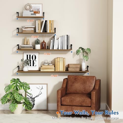 Harwaya Floating Book Shelves for Wall Set of 3, 17 x 8 Inch Deep Wooden Wall Bookshelf for Bedroom Office, Rustic Wood 