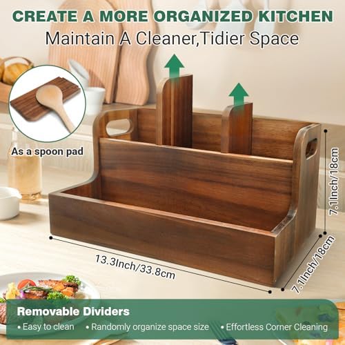 Kitchen Utensil Holder for Countertop with 4 Compartments Acacia Large Utensil Holder Wooden Storage for Cooking,Baking,