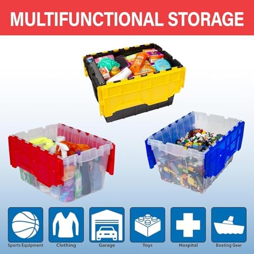 Akro-Mils KeepBox 12 Gal Storage Box, Lid Attached, Stackable, Clear/Blue
