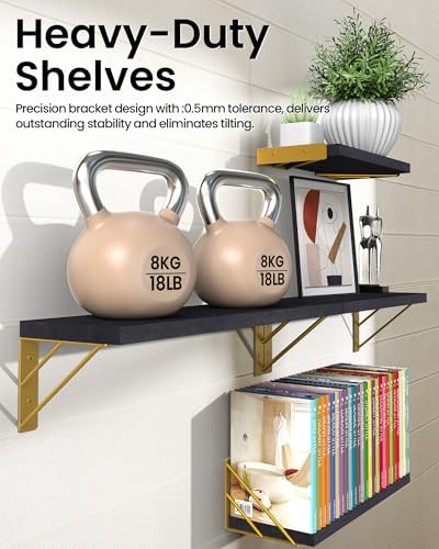 BAYKA Floating Shelves for Bedroom Decor, Wall Shelves for Storage, Wall Mounted Rustic Wood Floating Shelf for Books,Co