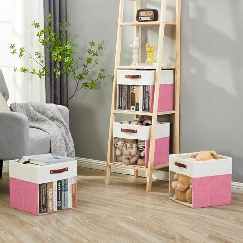 Bagnizer Storage Cubes, 4 Pack Linen Foldable Storage Bins (13 x 13 inch) with Clear Window and Handles, Fabric Organizer for Shelf Closet, Clothes, Books - (Pink and White)