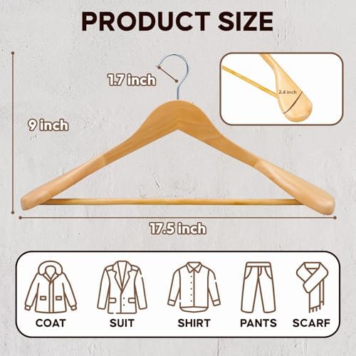 Suit Hangers, 6 Pack Heavy Duty Wooden with Extra Wide Shoulder, 17.5" Luxury Coat for Closet, Natural with 360 Swivel Hook & Strong Pant Bar