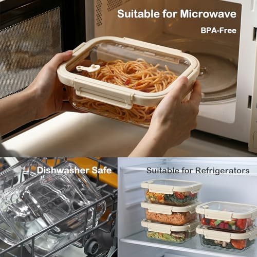 Glass Food Storage Containers with Glass Lids, Stainless Steel Salad Dressing Containers, Microwave-safe LeakProof Food Containers Set, 5-pack 35 oz（White）