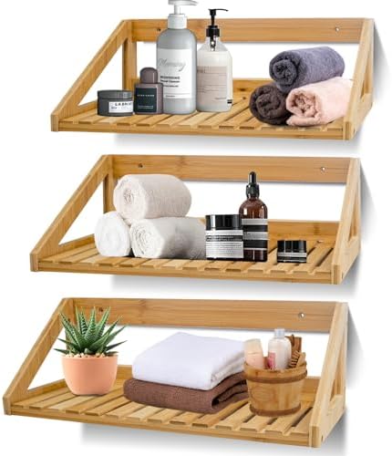 Floating Shelves Wall Mounted 3 Pcs Bamboo Wall Hanging Rack Holder