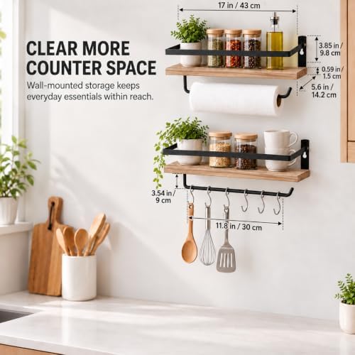 PHUNAYA Kitchen Floating Shelves, Paulownia, Carbonized Black, Set of 2