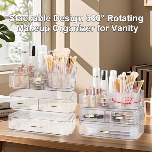 DASITON Makeup Organizer with Drawers and Rotating Makeup Brush Holder,Large Capacity Stackable Cosmetic Organizer Count