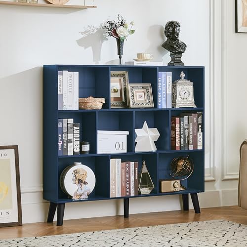 LEYAOYAO 10 Cube Bookshelf,Mid-Century Modern Bookcase with Legs,Dark Blue