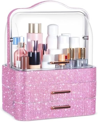 Honeydak Rhinestone Makeup Organizer with 2 Drawers Lid, Pink, Rhinestone