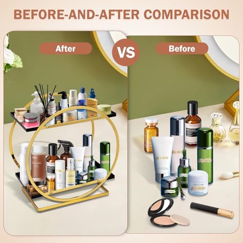 Perfume Organizer for Women, 2 Tier Black Gold Perfume Organizer for Dresser, Makeup Organizer for women, Kincare Storag