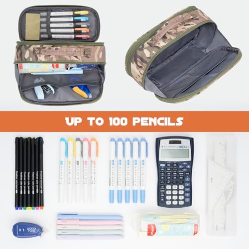 ECHSRT Large Tactical Pencil Case, 3-Compartment Zipper Pouch, Camo Green