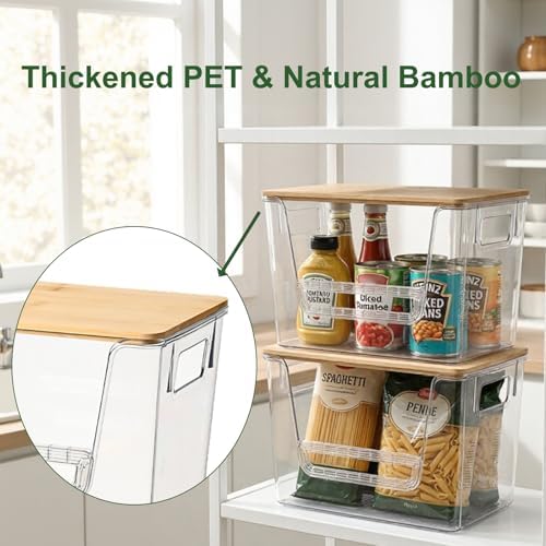 FUSHITON 2 Set Pantry Organizers, Clear Trash Bag Holder with Bamboo Lids