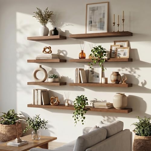 FLYJOE 40 Inch Floating Shelves for Wall Set of 2, 6.5" D Wood Grain Bathroom Shelves with Invisible Brackets, Easy Install Engineered Wood Storage Shelves for Kitchen, Living Room, Bedroom