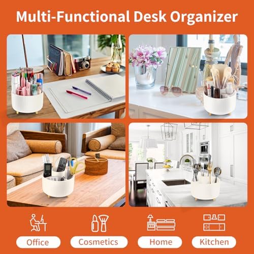 Desk Pencil Pen Holder, 5 Slots 360°Degree Rotating Pen Organizers for Desk, Desktop Storage Stationery Supplies Organizer, Cute Pencil Cup Pot for Office, School, Home, Art Supply, Beige