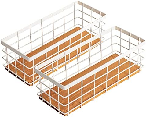 TIEYIPIN Small Metal Wire Storage Basket, Detachable Wood Base Storage Organizer Bin Basket for Kitchen Cabinets, Bathro
