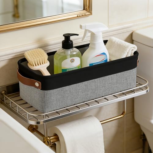 Bagnizer Small Fabric Storage Baskets, 15x6x5 inch Narrow Storage Bins 4-Pack Long Storage Basket for Organizing with Ha