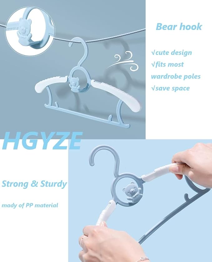 Baby Clothes Hangers 50 Pack, Plastic Kids Hangers Space Saving for Closet | Blue Hanger for Toddler Girl and Boy - Lightweight Anti-Slip Cascading Padded Extendable Adjustable Pant Bear Children Hangar