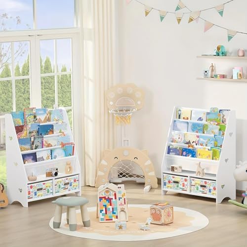 Lerliuo 5 Tier Kids Bookshelf, White Children Sling Book Shelf with 2 Drawers, Baby Toddler Wooden Bookcase and Book Rac
