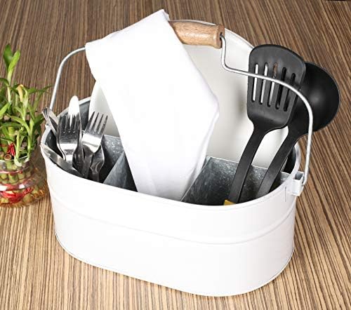 Alpha Living Home 4-Compartment Flatware Caddy, White Metal Cutlery Holder