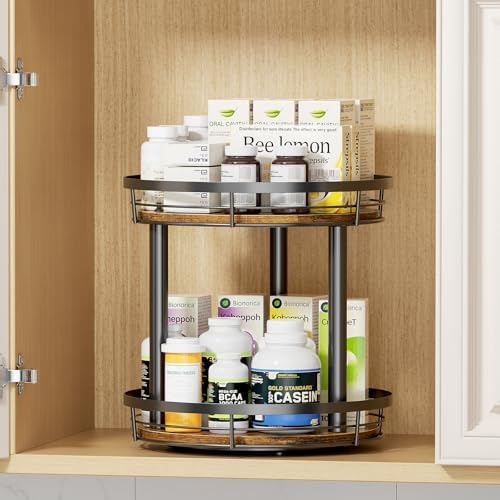 LAMU 12'' Wood Lazy Susan Spice Rack Organizer, 2 Tier Spice Organization for Cabinet, Countertop, Kitchen, Table Top, P