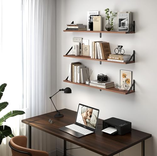Heimlove Floating Shelves for Wall, 32 Inch Long Wood Floating Shelves Set of 3, Wall Mounted Hanging Shelf for Bathroom