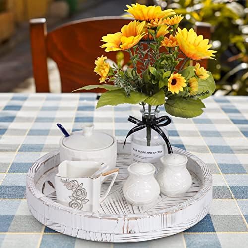12 Inch Rustic Farmhouse Wood Lazy Susan Turntable for Table, Tomoaza White Herringbone Decorative Turntable Tray, Dinin