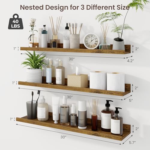Axeman 30 Inch Floating Shelves, Brown Picture Ledge Shelf Set of 3