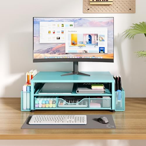 OPNICE Desk Organizer and Accessories, 2-Tier Computer Monitor Stand Riser with Drawer and 2 Pen Holders, Laptop Stand, 