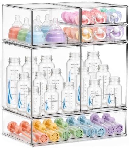 Baby Bottle Organizer 6 Pack Baby Bottle Storage Organizer Clear Bottles Station Acrylic Stackable Container Drawers Bin