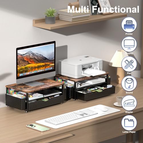 Spacrea Computer Monitor Stand with Drawer and 2 Pen Holders, Wood