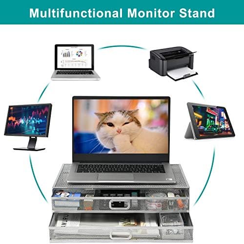 Monitor Stand Riser with Drawer - Metal Mesh Desk Organizer with Dual Pull Out Storage Drawer,Office Supply for Computer