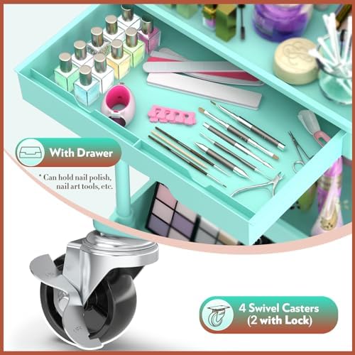 SUNALLY Makeup Cart Organizer with Drawer, 3 Tier Rolling Makeup Cart, Blue