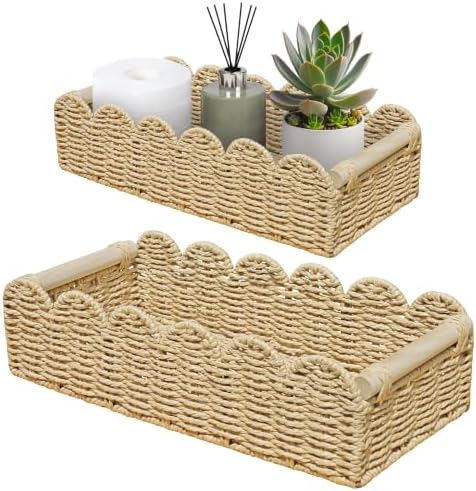 2 Pack Scalloped Wicker Storage Baskets with Wood Handle