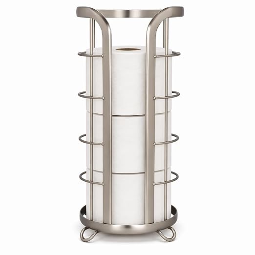 BROOKSTONE Toilet Paper Holder Stand Reserve - Free Standing Toilet Paper Stand with Storage that Holds Mega Rolls, Standing Bathroom Tissue Organizer, Bathroom Decor - Modern Storage Holder, Nickel